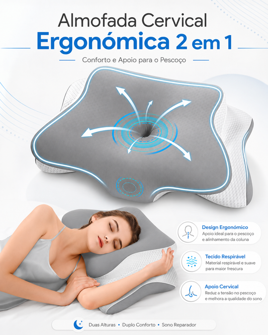 Almofada Cervical Ergonómica 2 em 1 — Conforto e Apoio para o Pescoço